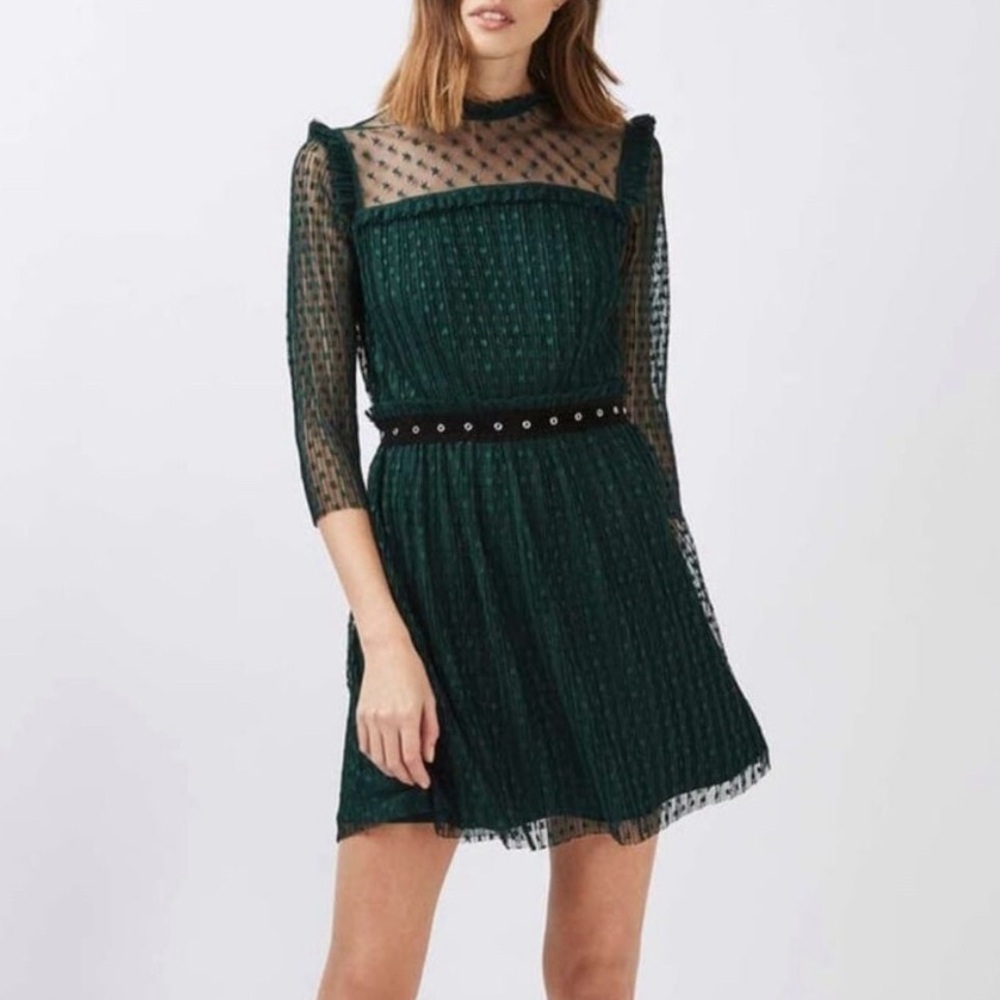 Topshop Forest Green Mesh Star Patterned Long Sleeve Dress